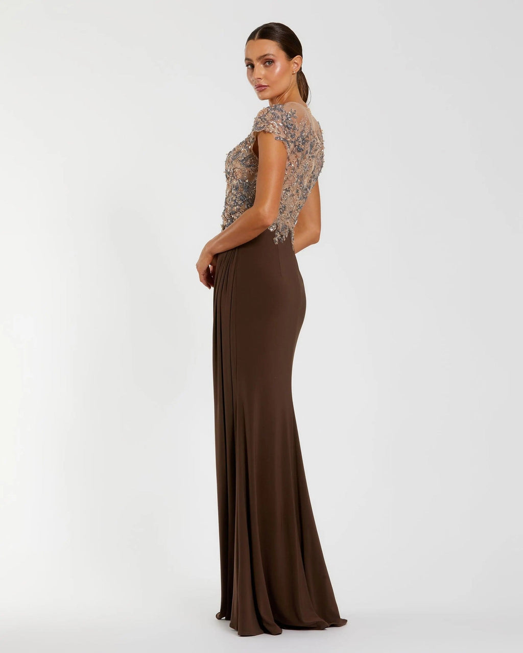 Chocolate Illusion High Neck Embellished Jersey Gown