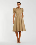 Taupe Puff Sleeve Belted Midi Shirt Dress