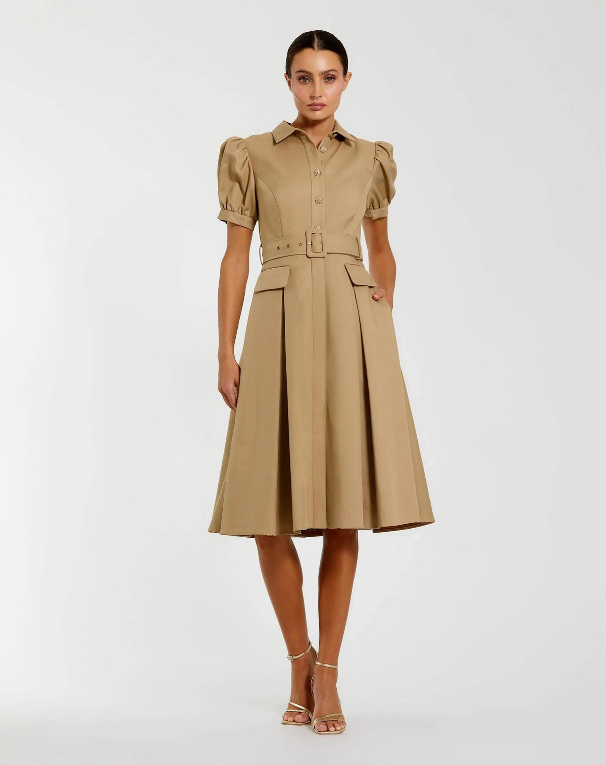 Taupe Puff Sleeve Belted Midi Shirt Dress