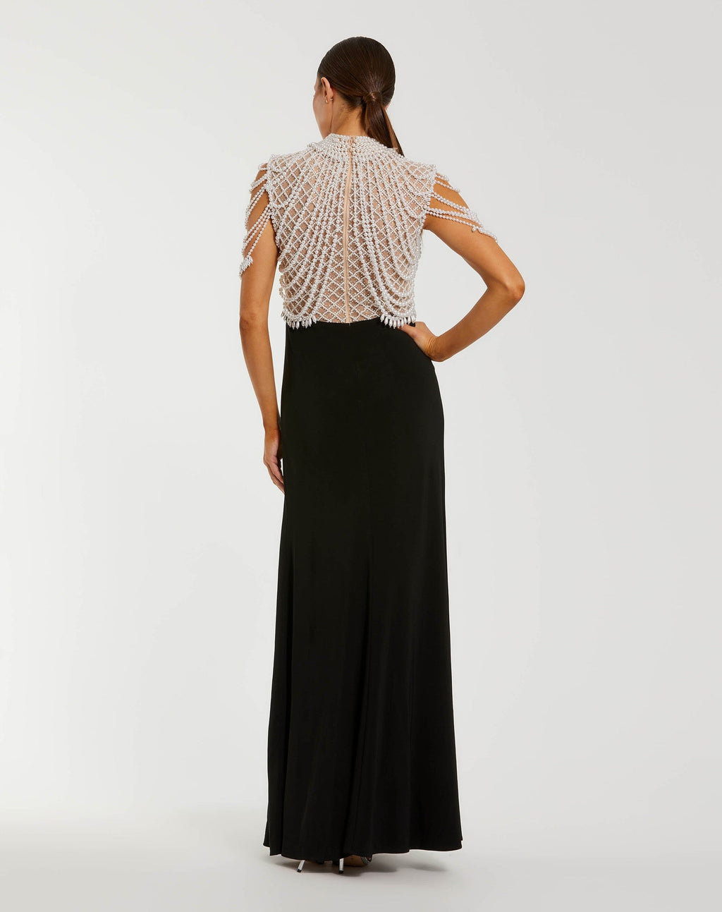 Black High Neck Pearl Embellished Jersey Gown