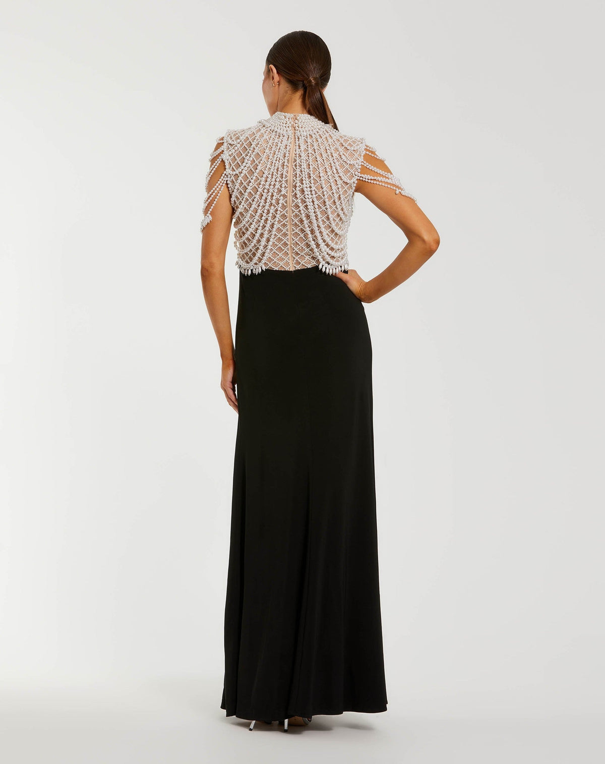 Black High Neck Pearl Embellished Jersey Gown