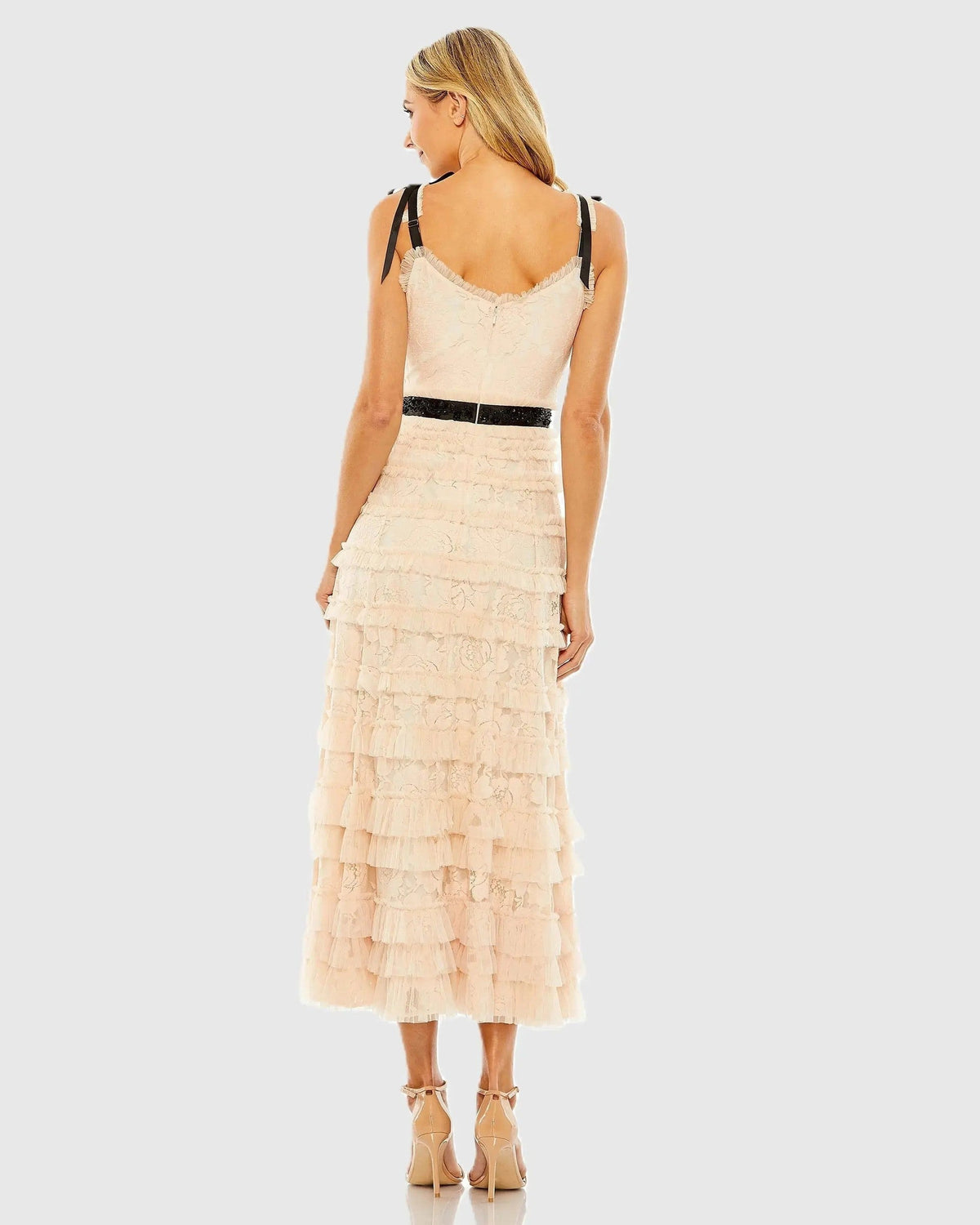 Porcelain Lace Tiered Midi Dress with Bow Straps