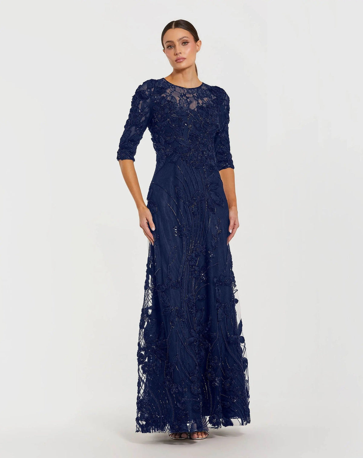 Petite Navy High Neck Embellished Lace Gown With 3/4 Sleeves