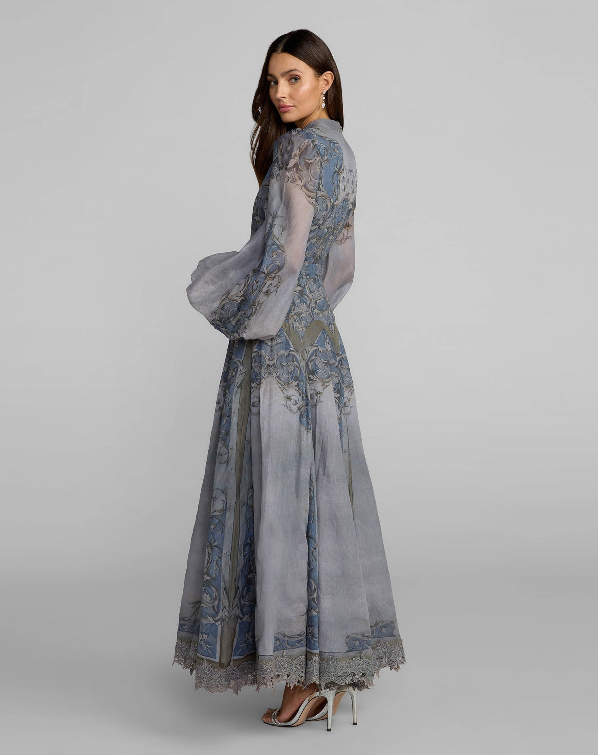 Slate Blue Bishop Sleeve Printed Cotton A-Line Dress