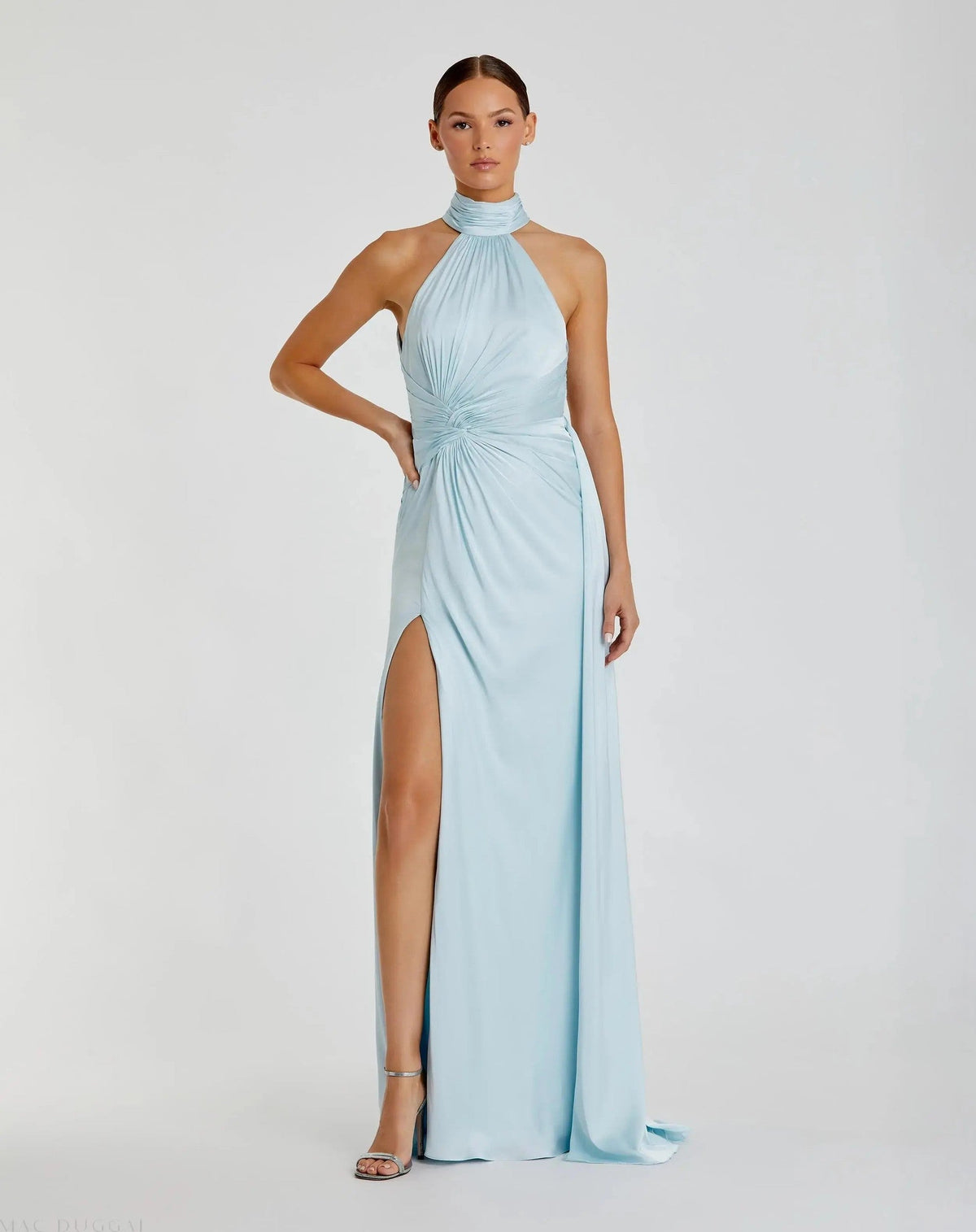 Open Back High Neck Side Ruched Gown