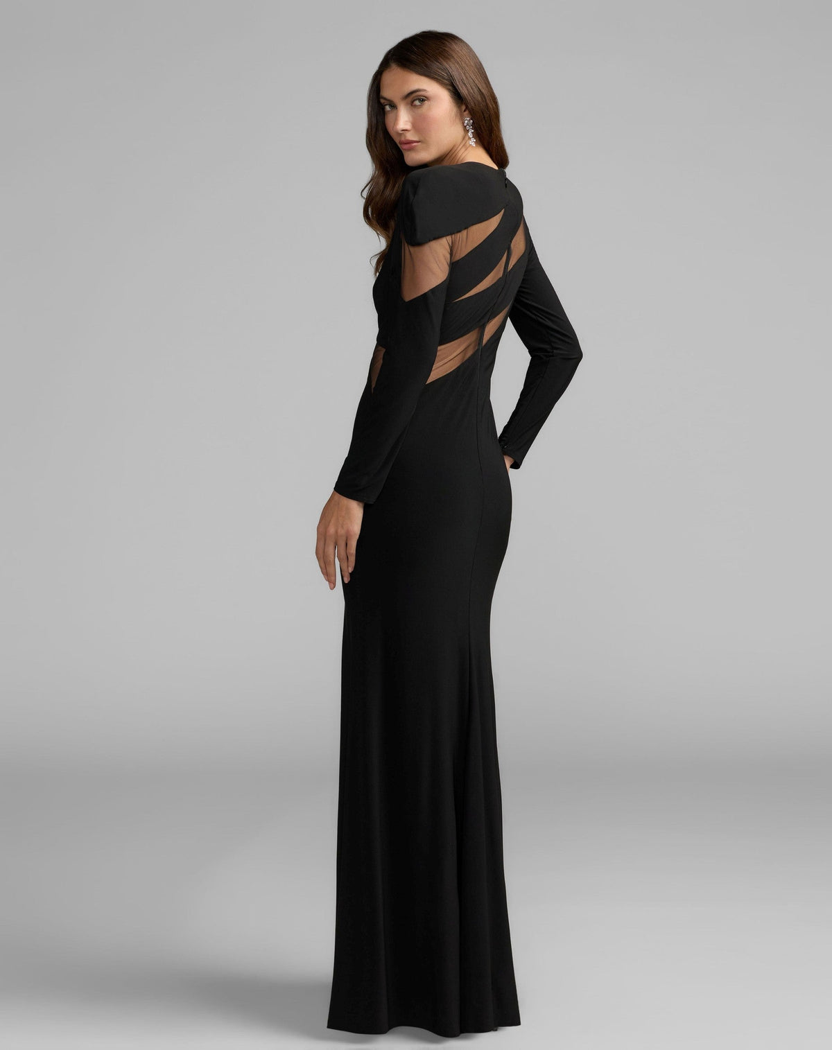 Black Jersey Long Sleeve Illusion Cut Out Gown