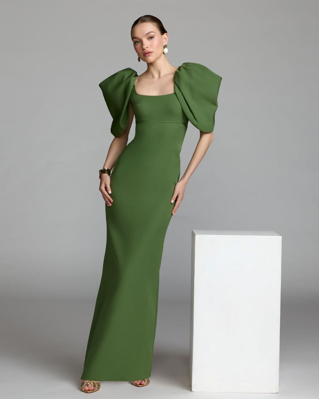 Moss Green Crepe Square Neck Gown With Puff Sleeves