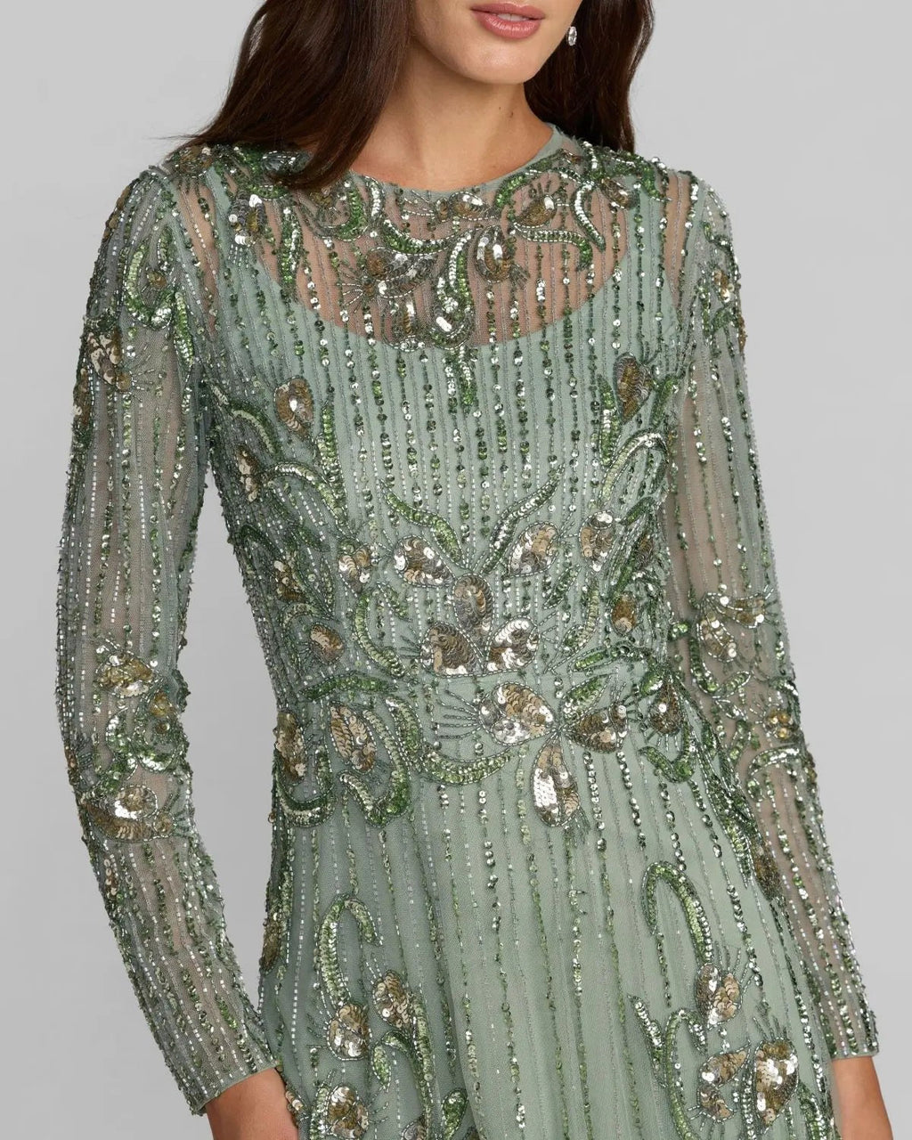 Sage Beaded Long Sleeve A Line Gown