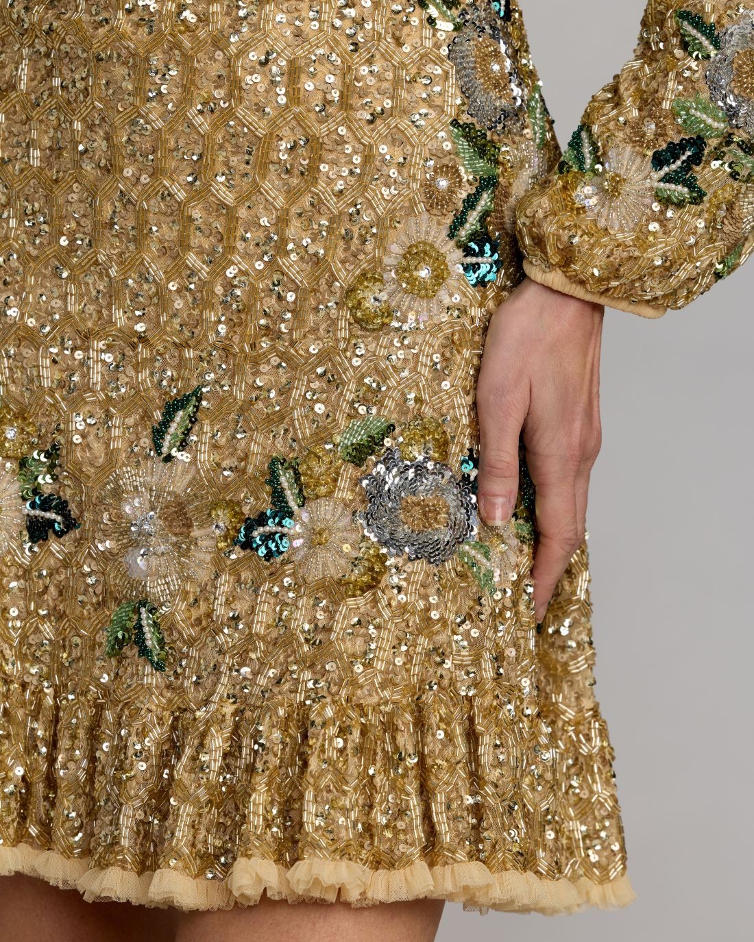 Gold Multi Floral Hand Beaded Long Sleeve Mini Dress