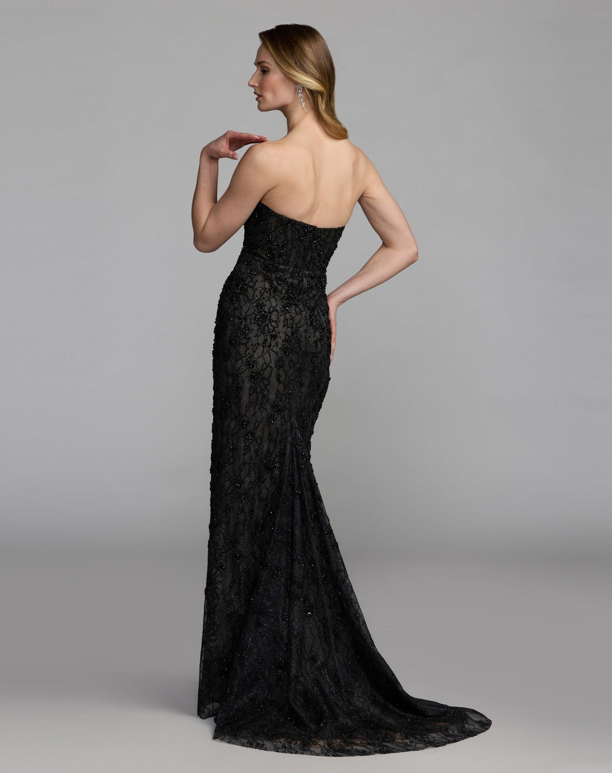 Black Embellished Strapless Bustier Gown With Sweeping Train