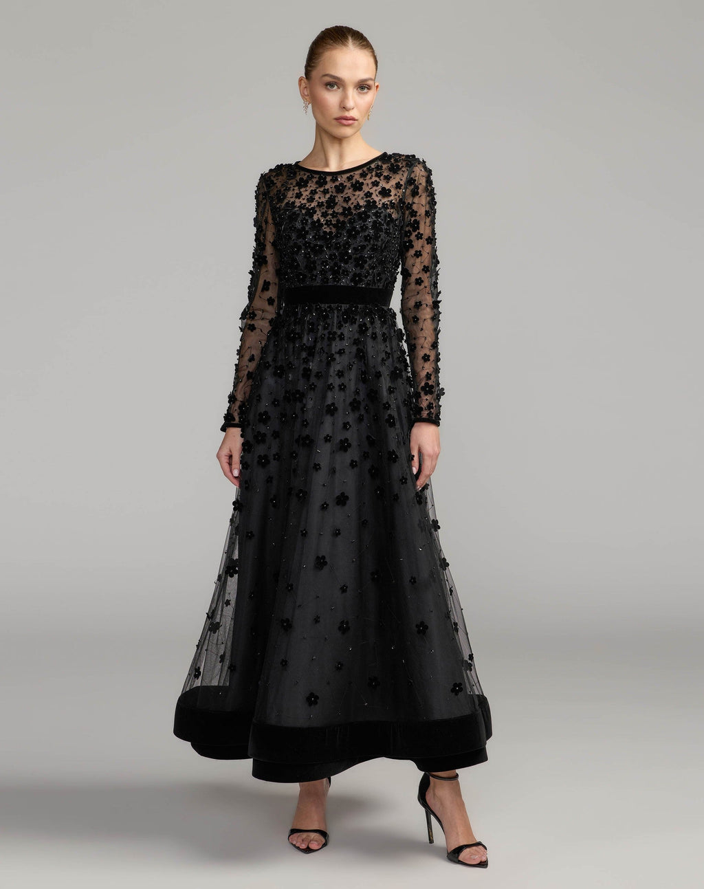 Black Velvet Floral Appliqué Midi Dress