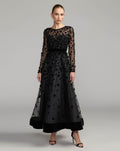 Black Velvet Floral Appliqué Midi Dress