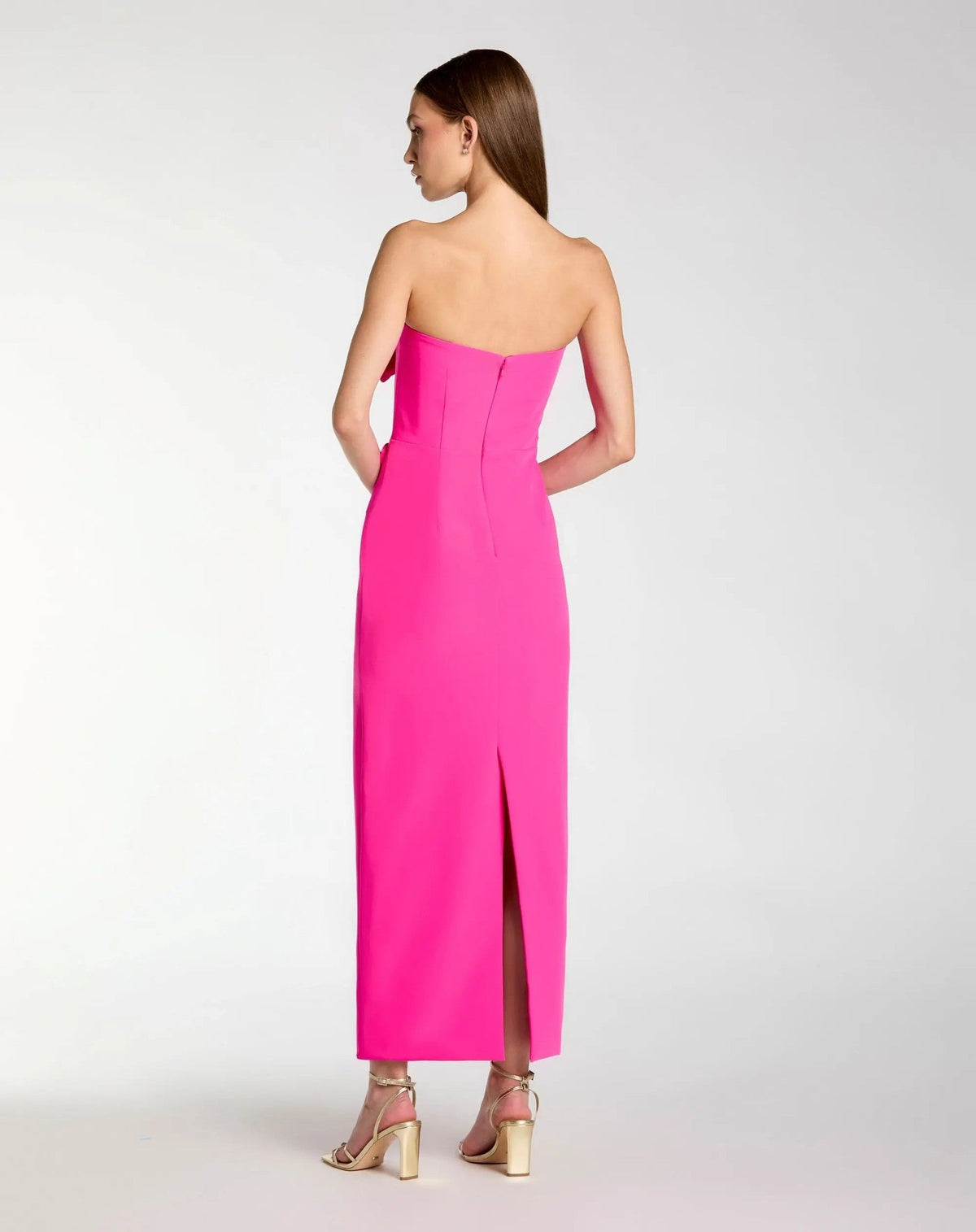 Hot Pink Strapless Crepe Dress With 3D Flower Detail