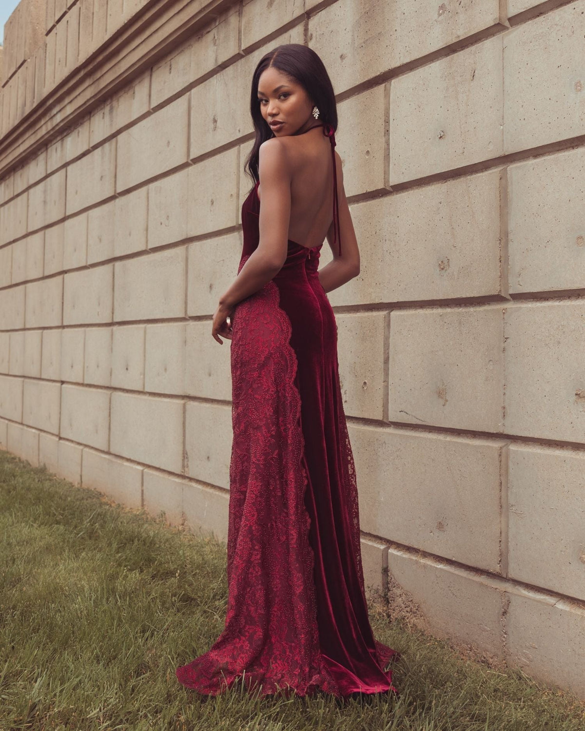 Burgundy Velvet and Lace Halter Column Gown