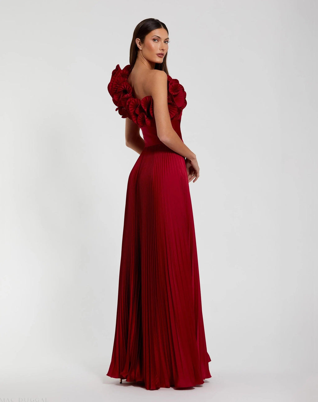 Red Ruffled One Shoulder Charmeuse Evening Gown