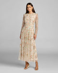 Beige Multi Floral Embellished Long Sleeve Midi Dress