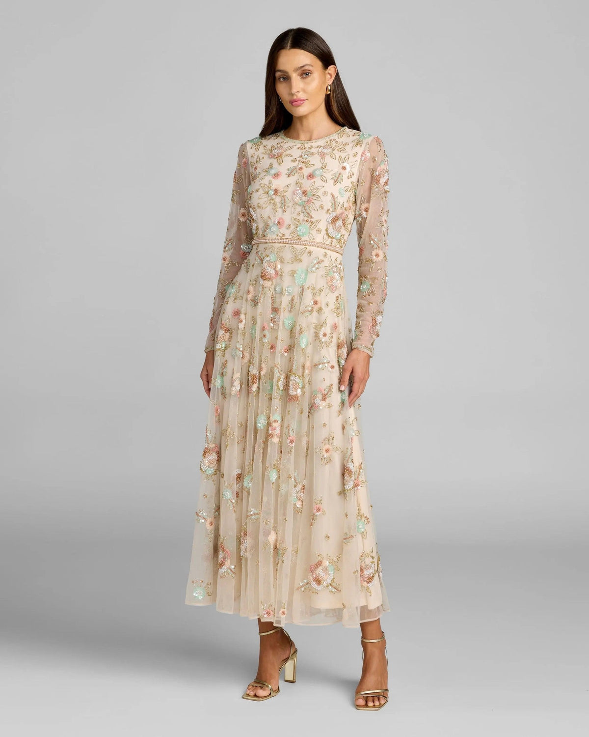 Beige Multi Floral Embellished Long Sleeve Midi Dress