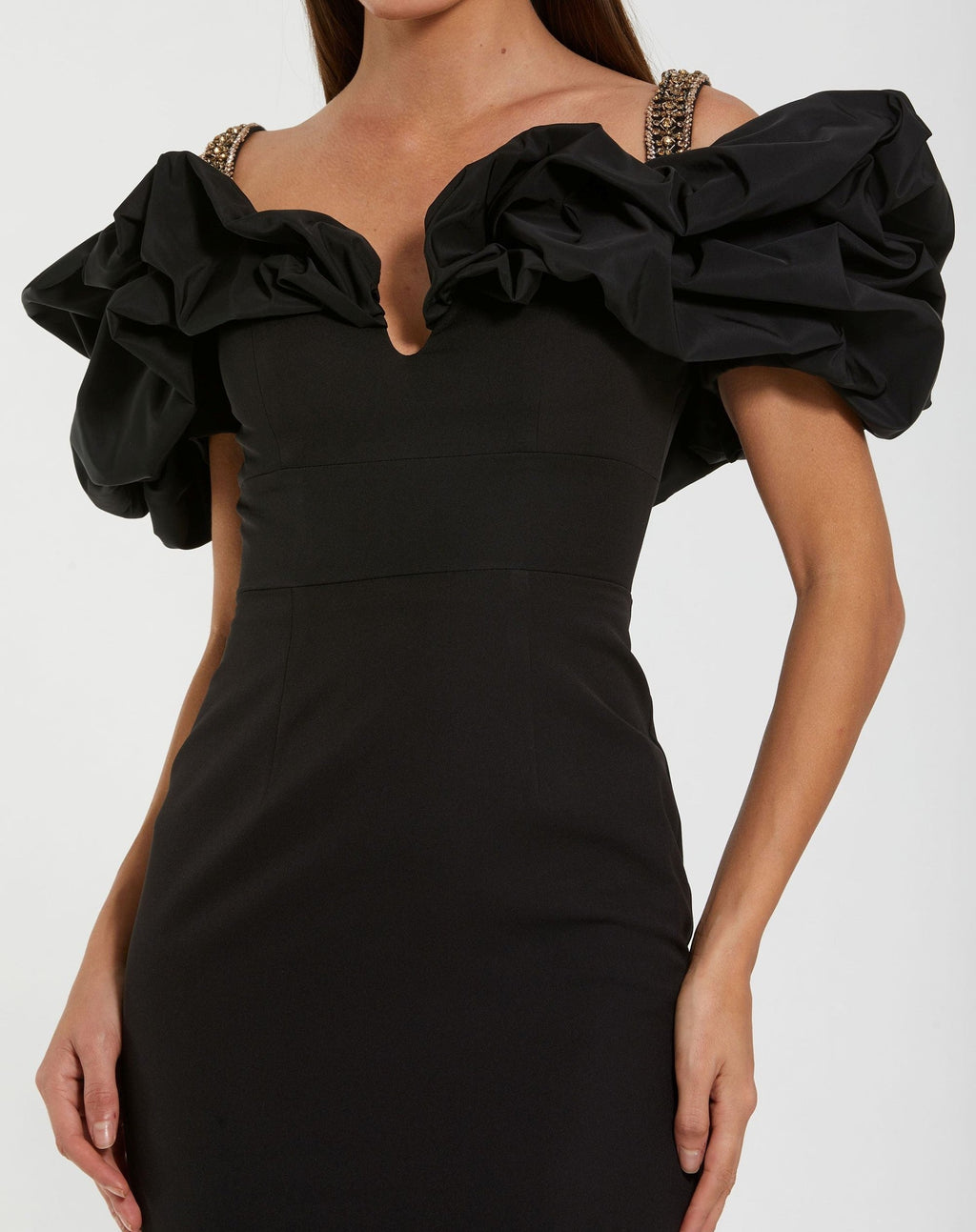 Black Ruffle Off The Shoulder Crepe Column Gown