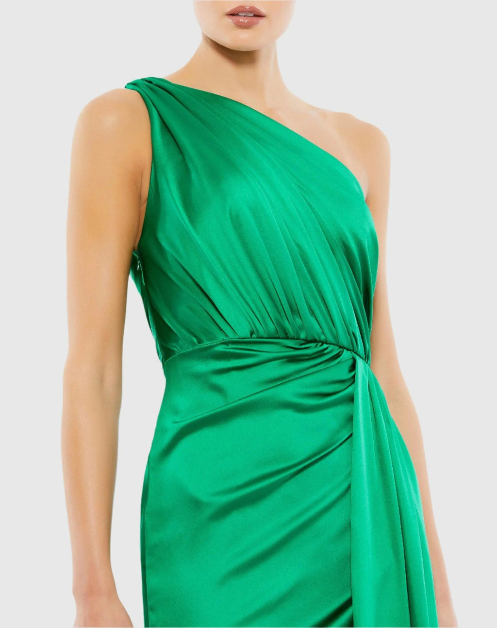 Green Gathered One Shoulder Satin Faux Wrap Gown