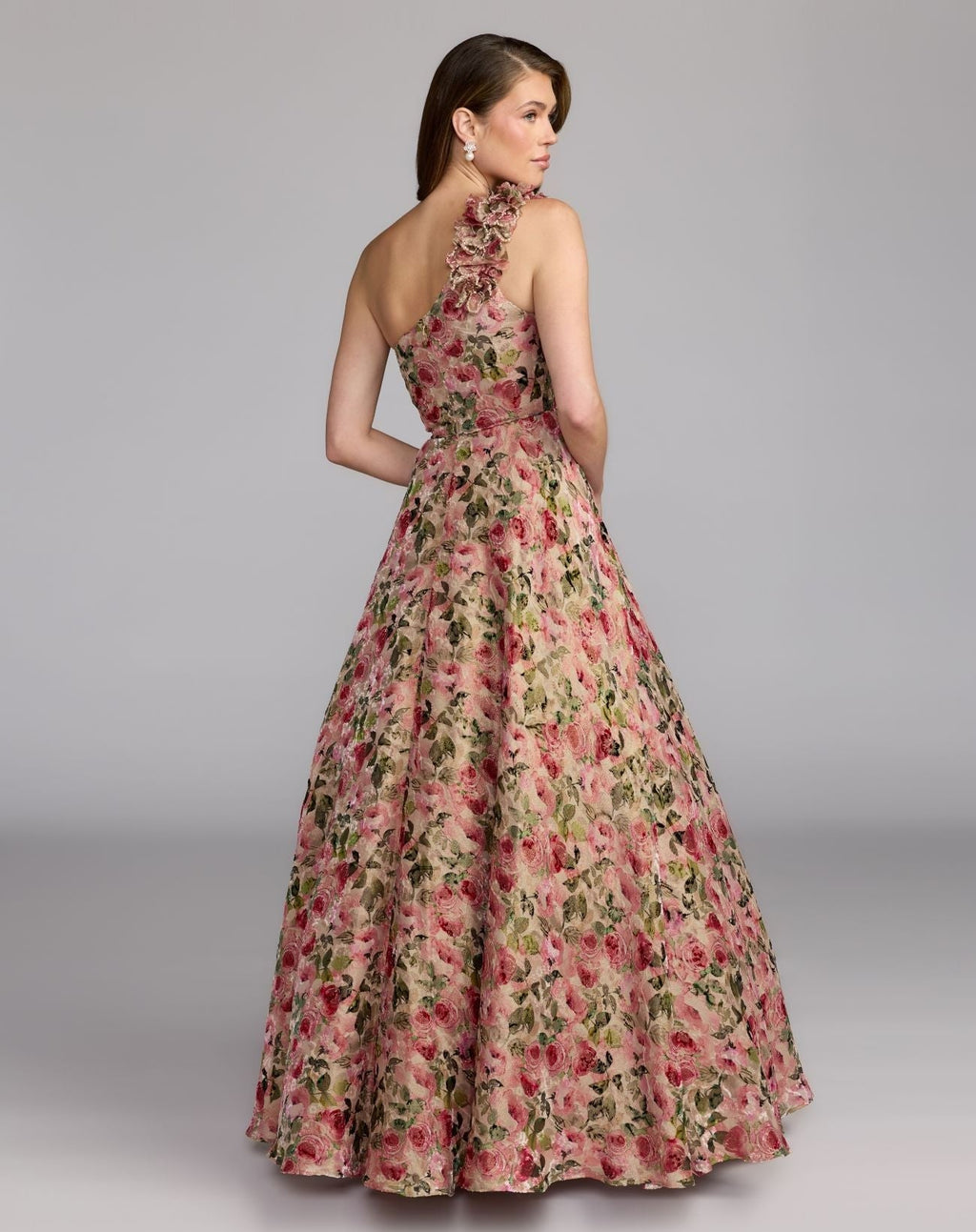 Pink Multi One Shoulder Velvet Floral Ball Gown