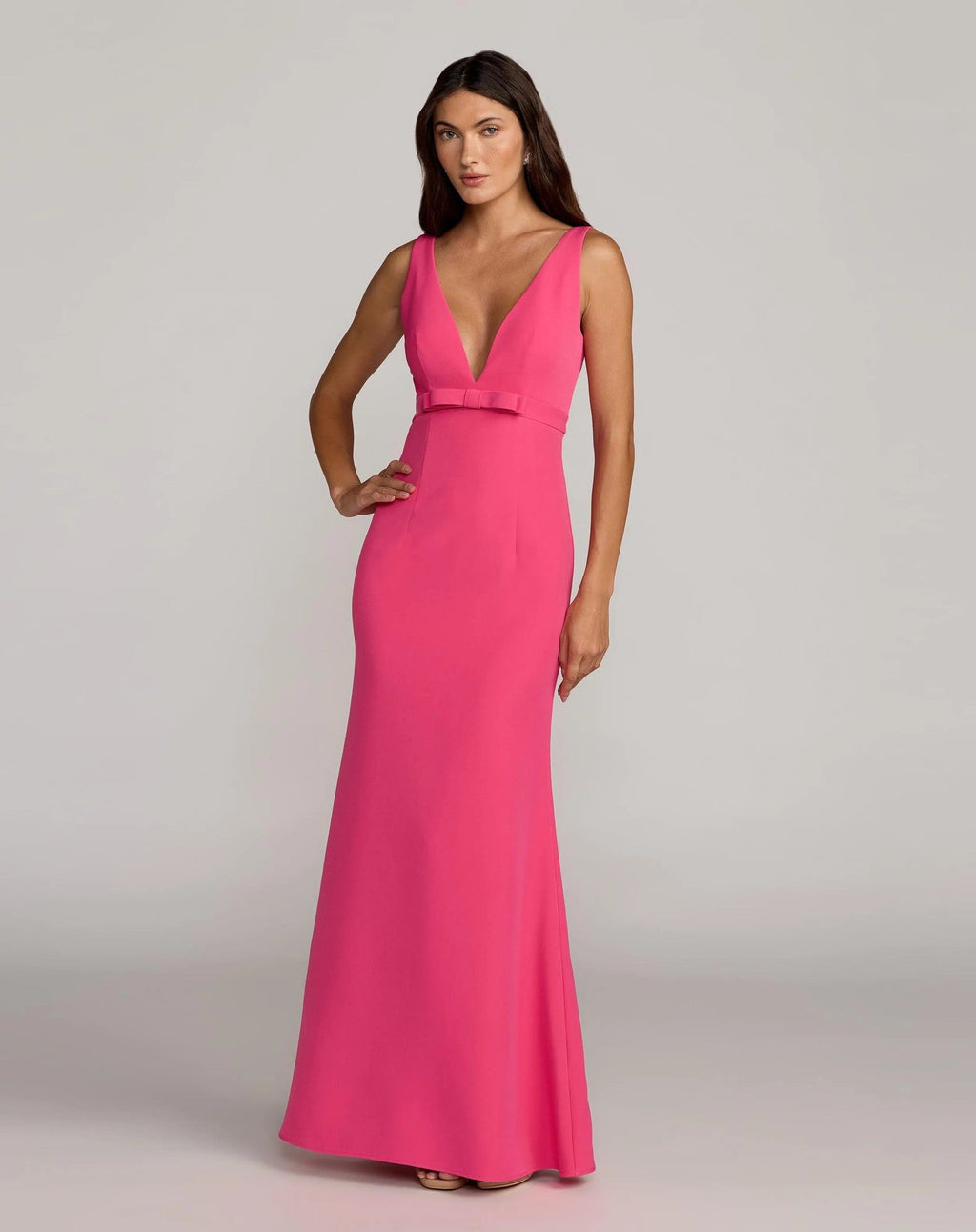 Hot Pink Crepe V-Neck Mermaid Gown with Bow