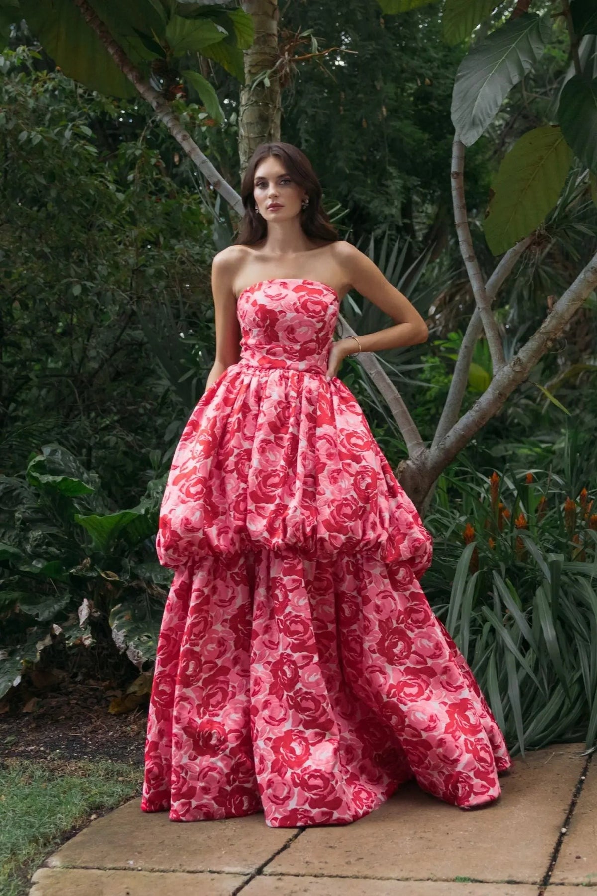 Pink Floral Brocade Strapless Bubble Hem Ball Gown