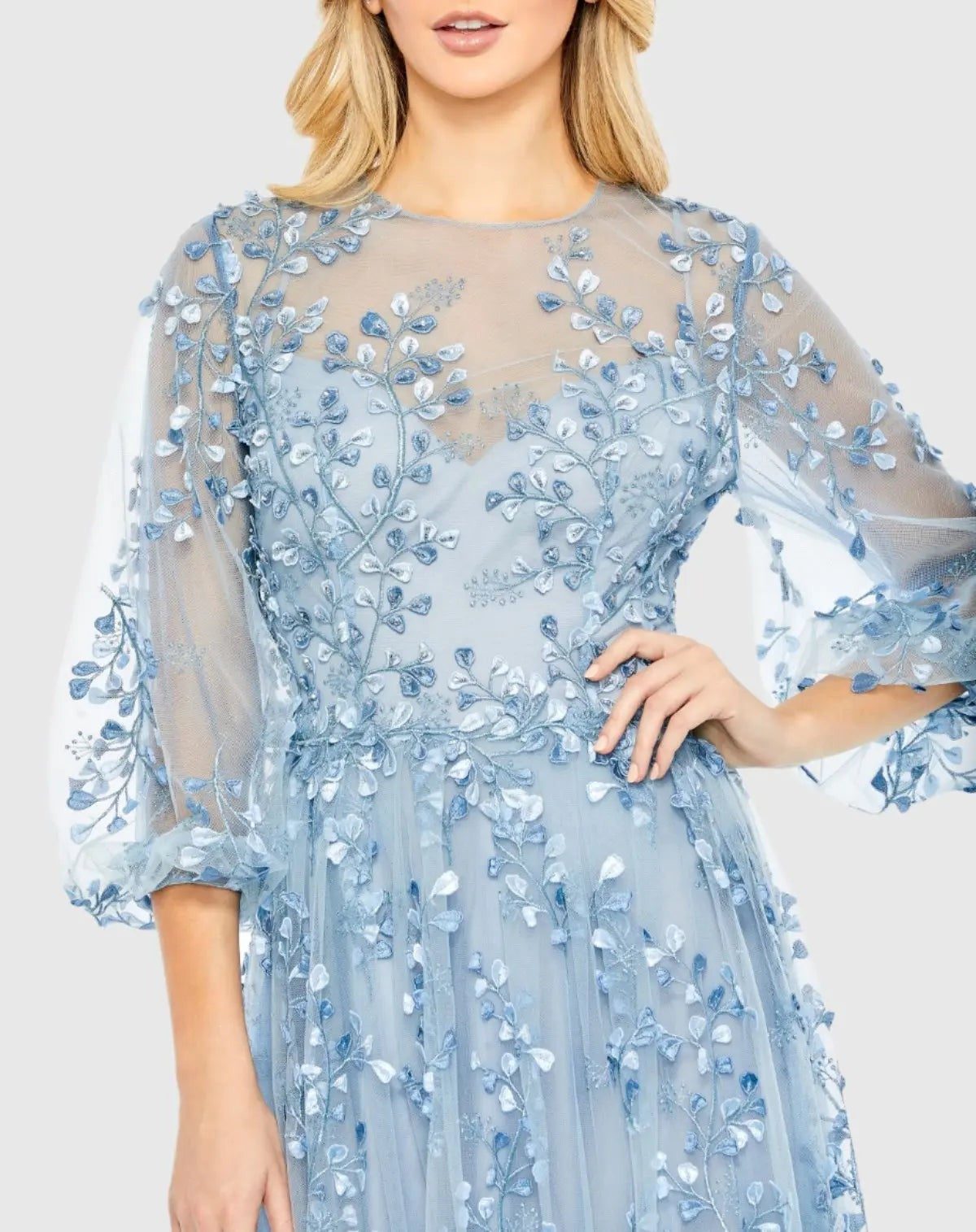 Blue Embroidered Puff Sleeve A-Line Gown