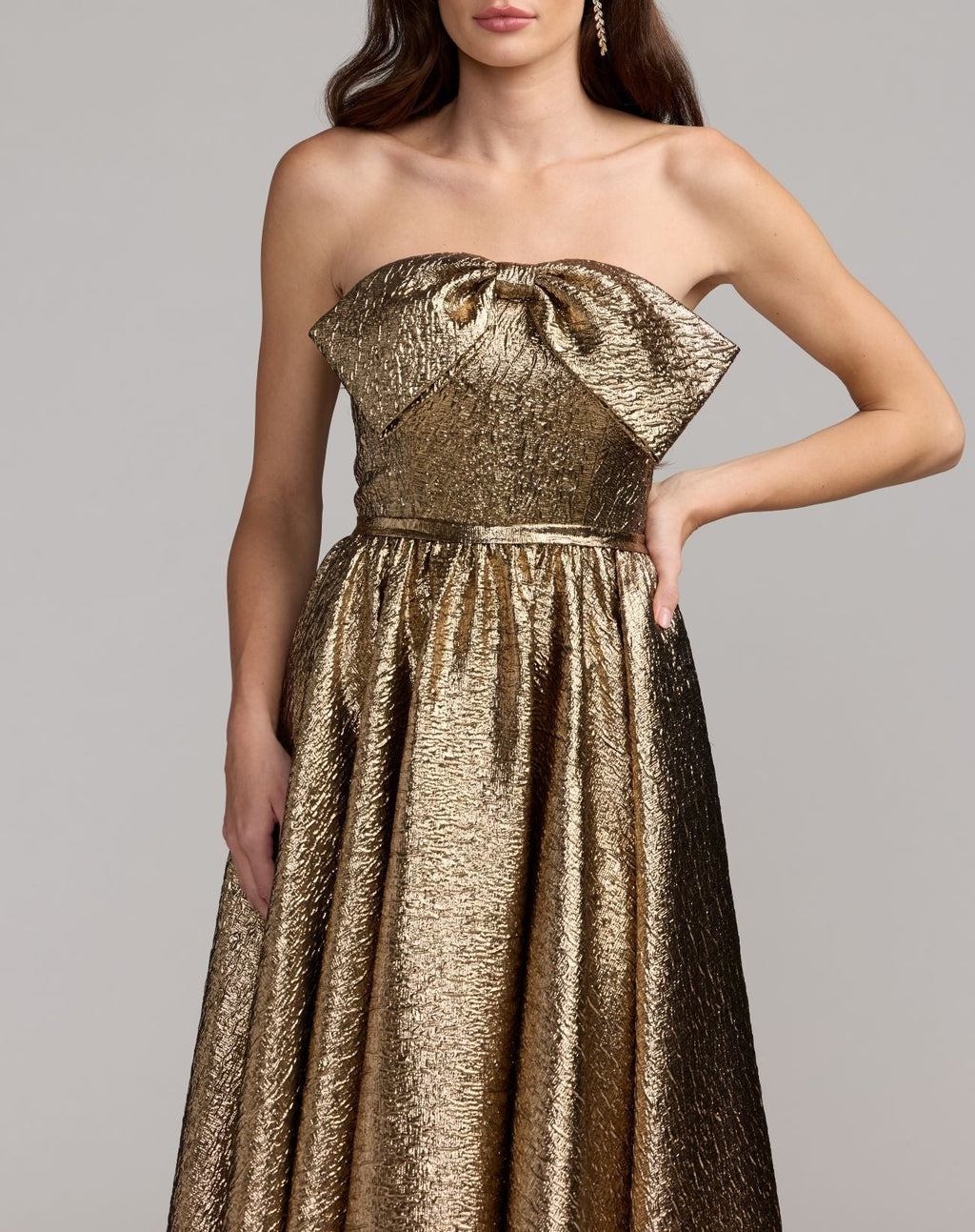 Antique Bronze Metallic Strapless Gown With Bow