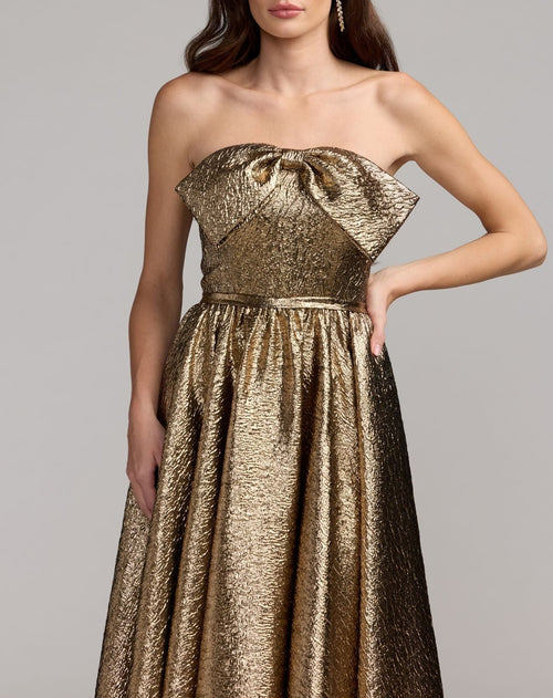 Antique Bronze Metallic Strapless Gown With Bow