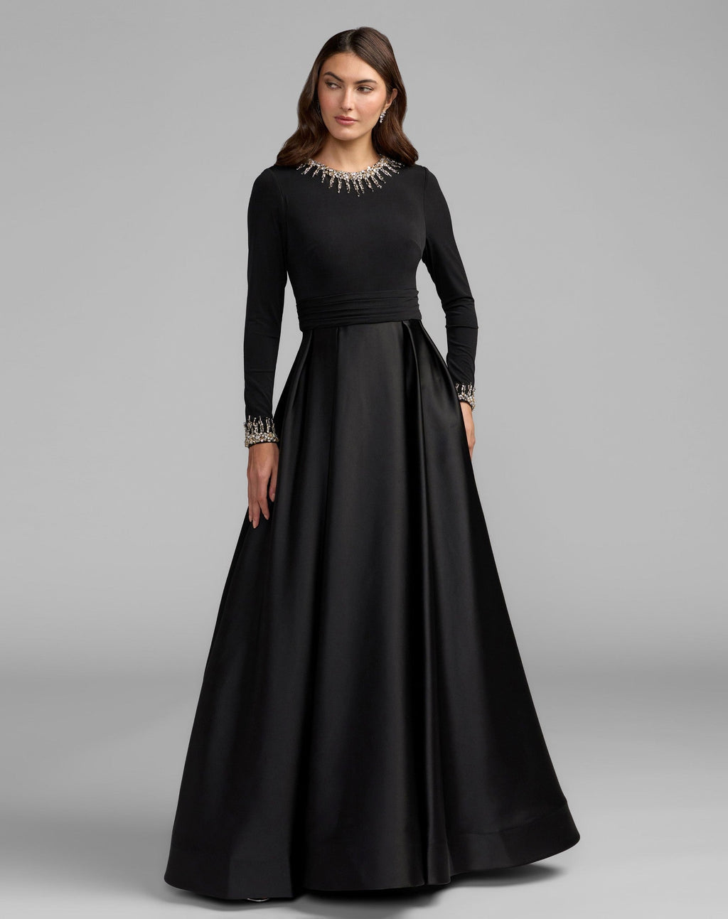 Jersey and Satin Long Sleeve A-Line Gown