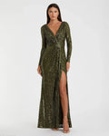 Olive Sequined Long Sleeve Gown
