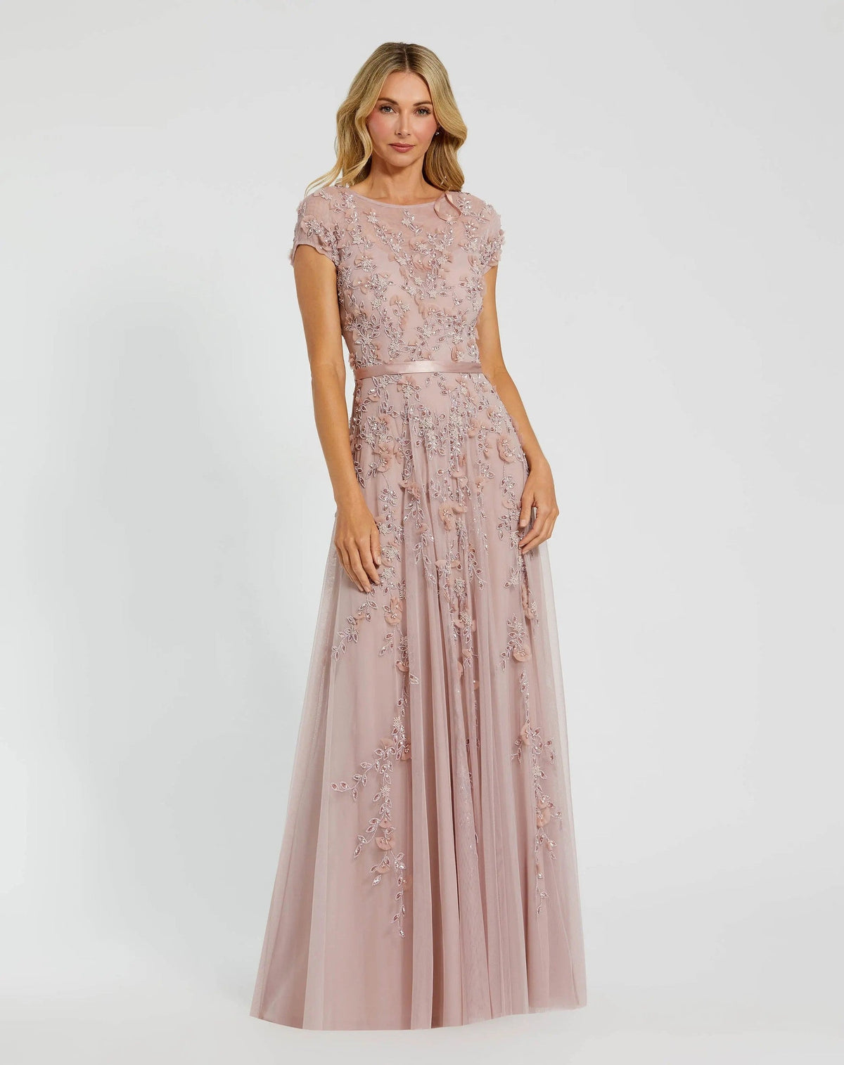 Mocha Floral Embellished Cap Sleeve Gown