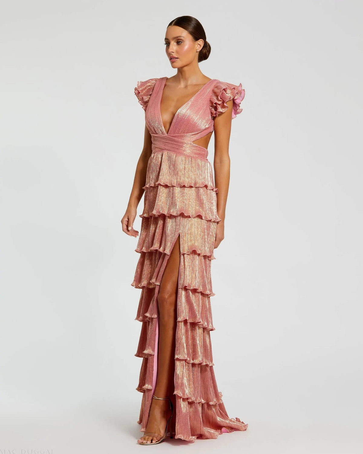 Coral Ruffle Tiered Criss Cross Lace Up Gown