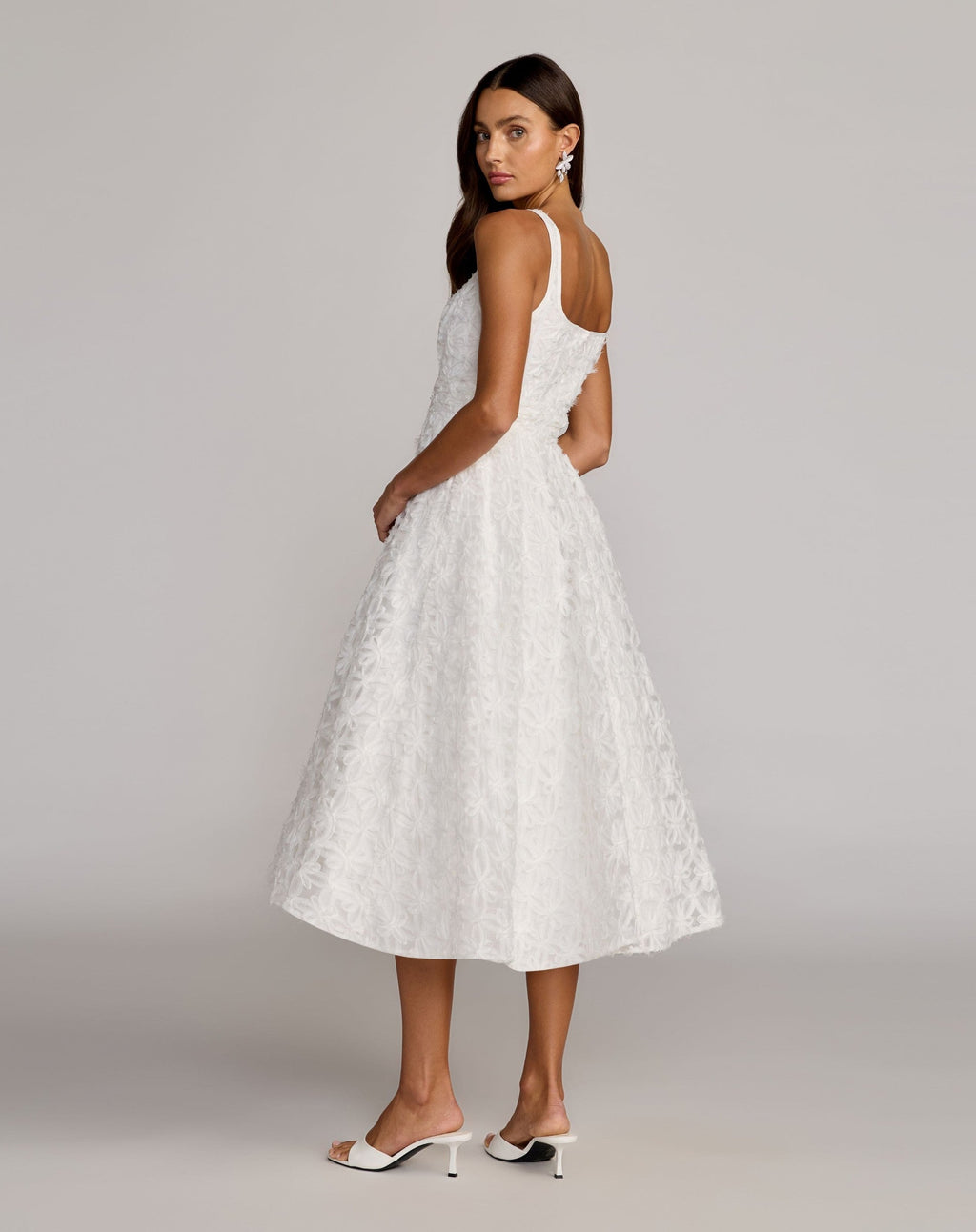 Ivory Tulle Floral Midi Dress With Pockets