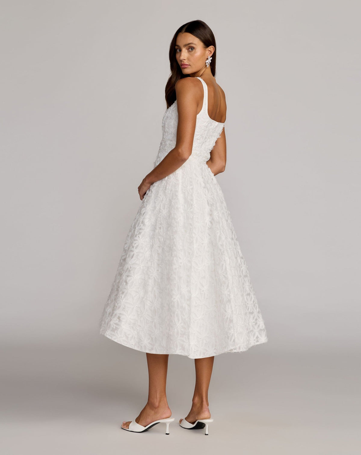 Ivory Tulle Floral Midi Dress With Pockets