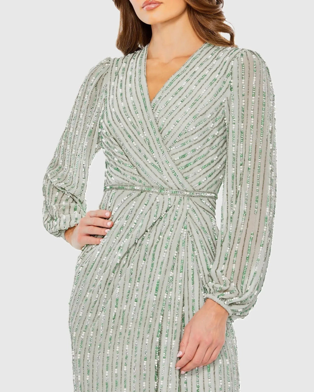 Sage Beaded Bishop Sleeve Wrap Gown