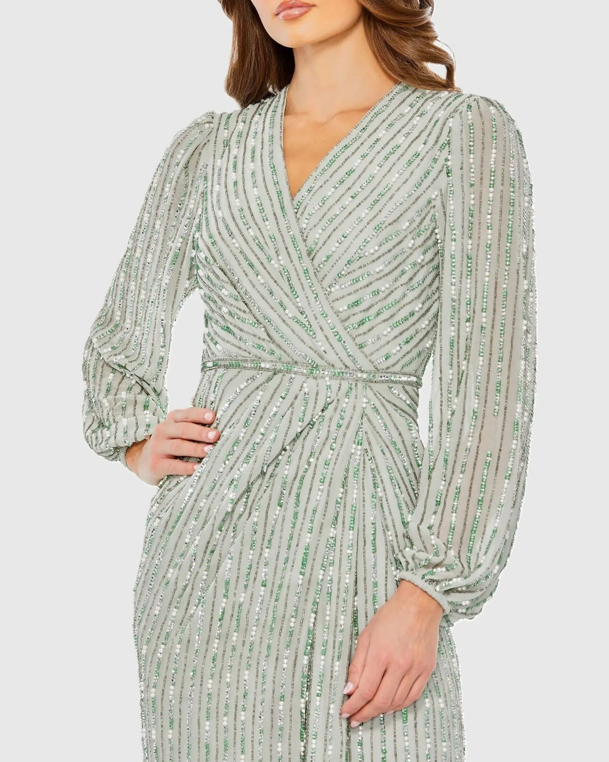 Sage Beaded Bishop Sleeve Wrap Gown