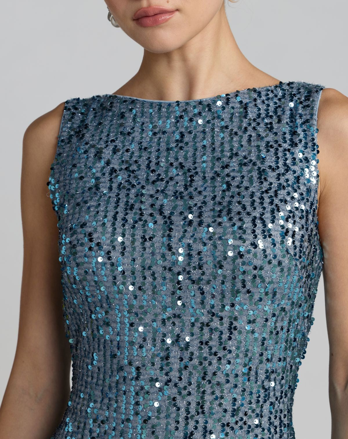 Fusion Blue Sleeveless Cowl Back Sequin Evening Gown