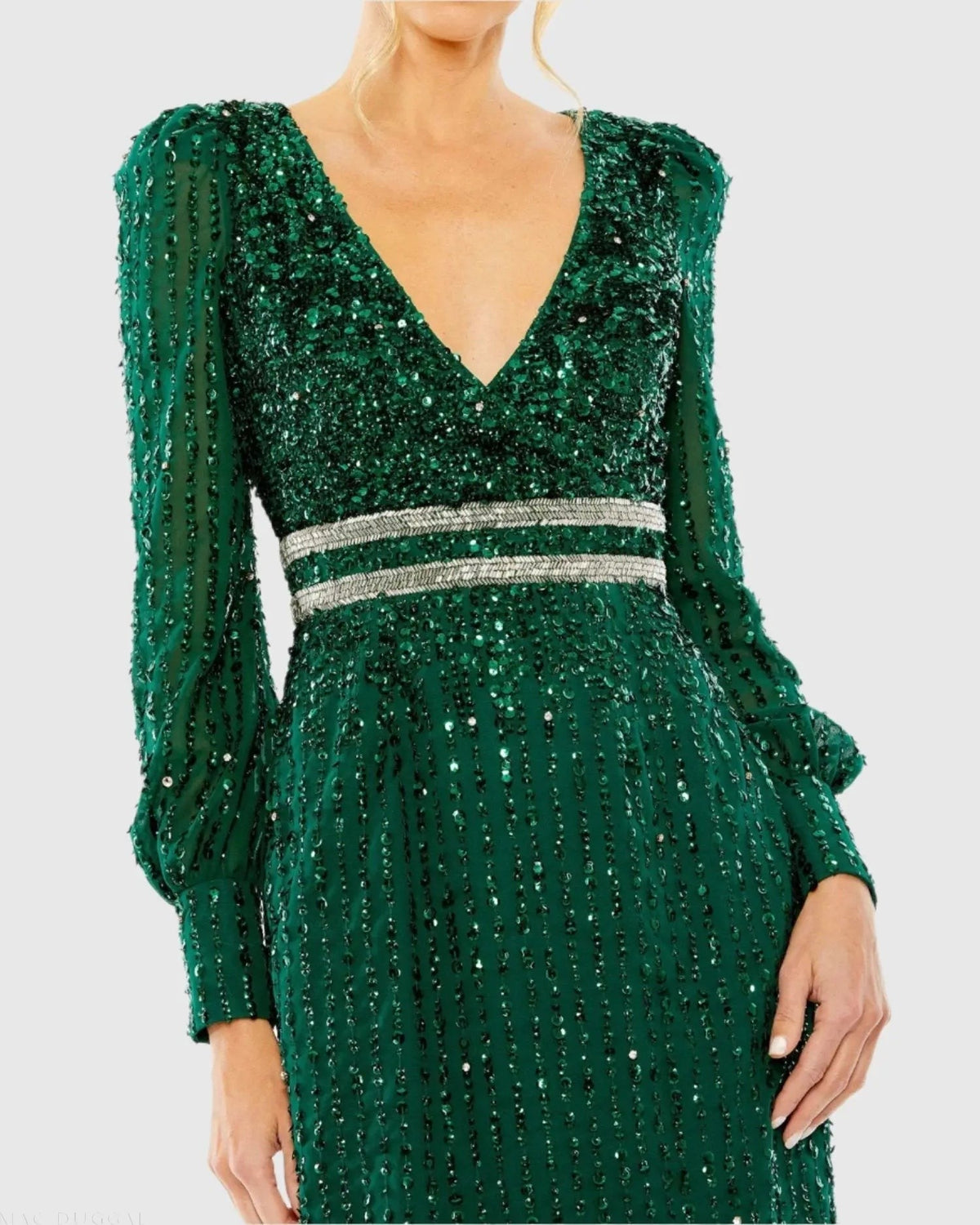 Green Sequined V Neck Bishop Sleeve Dress
