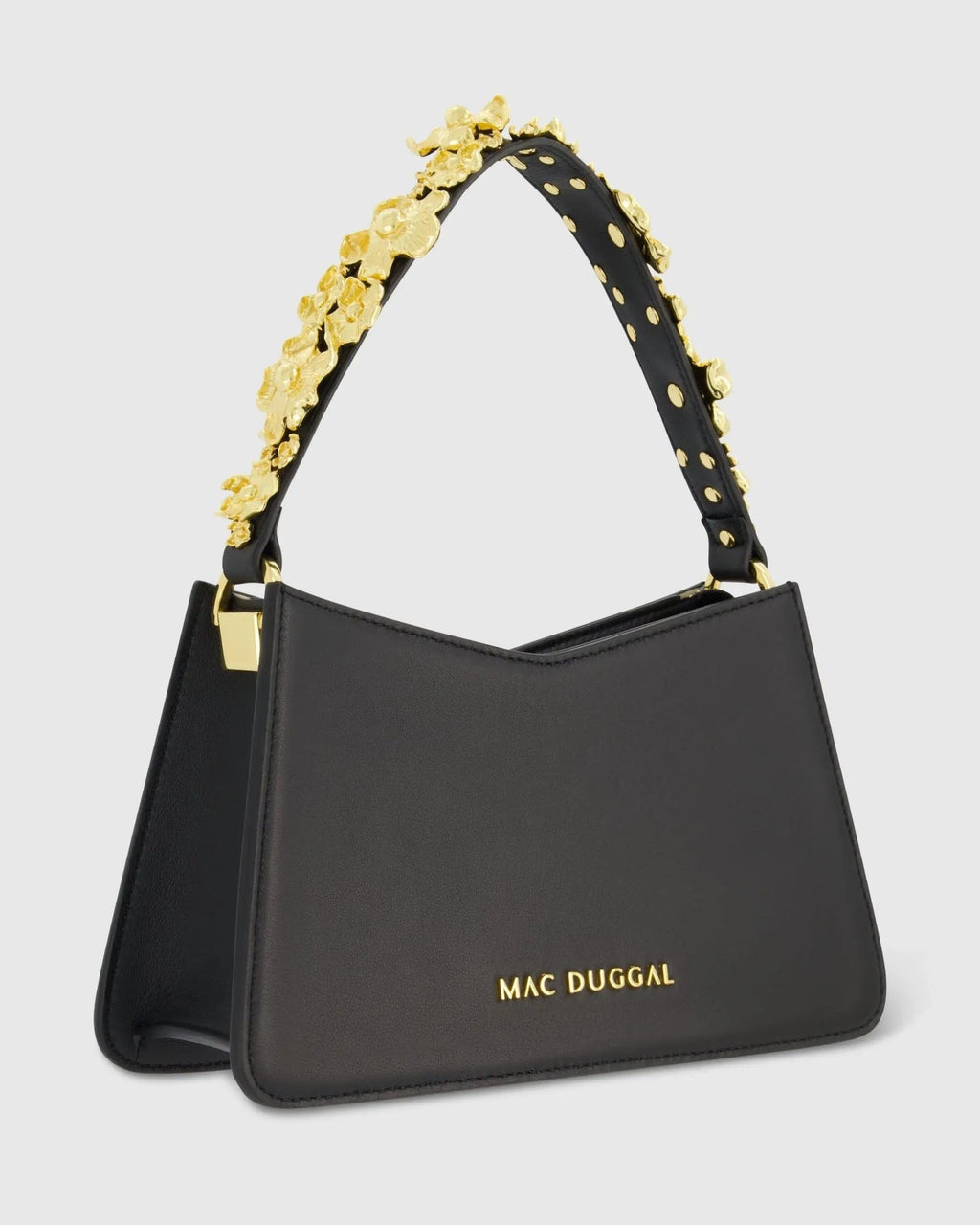 Black Small Leather Shoulder Bag with Gold Floral Strap