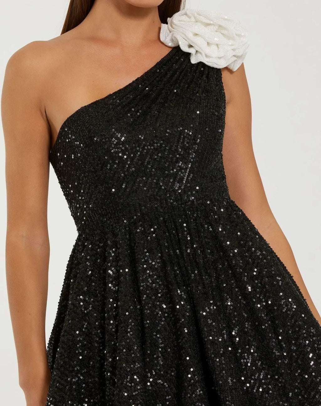 Black One Shoulder Sequin Mini Dress With 3D Flower
