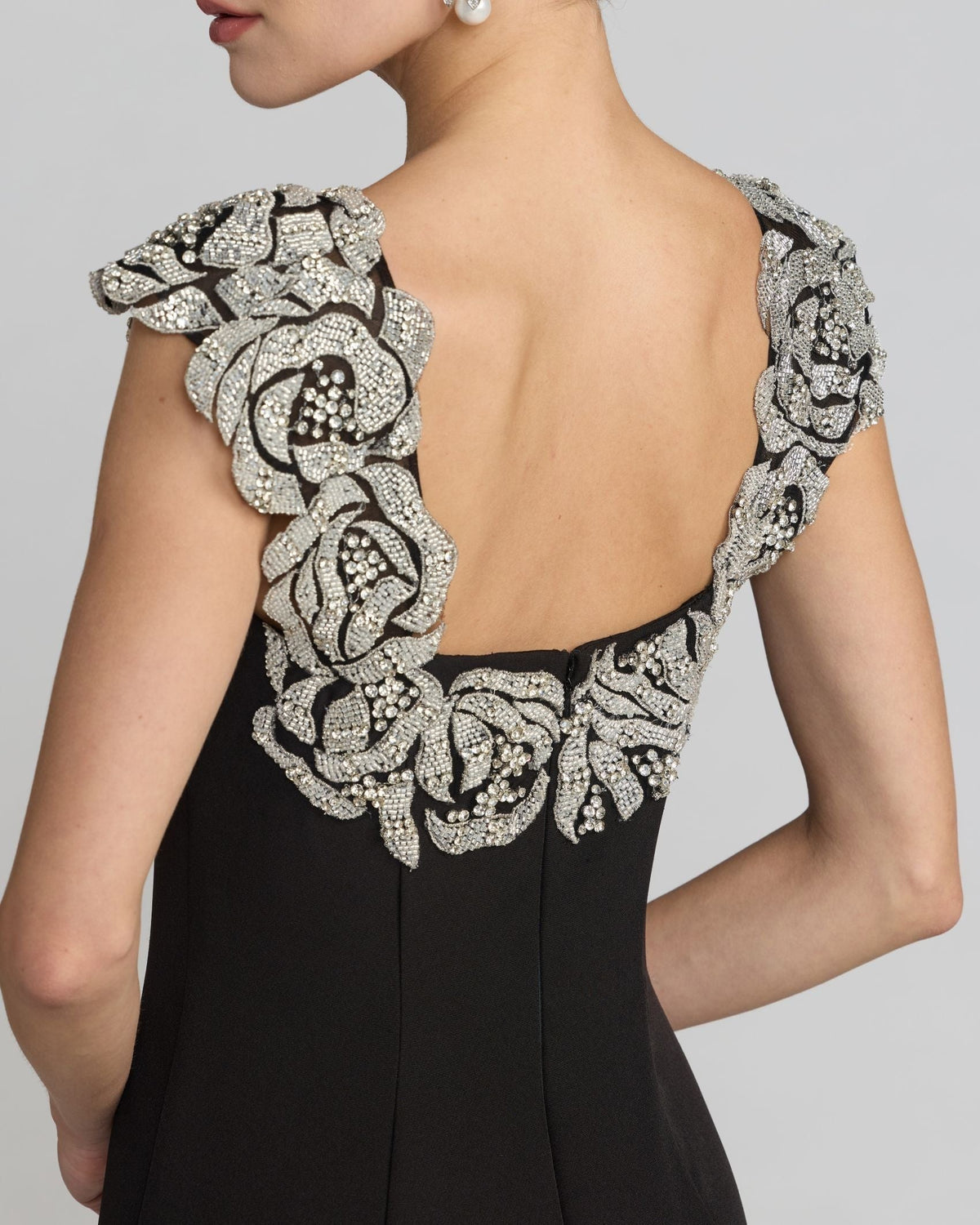 Black Beaded Floral Appliqué Mermaid Gown