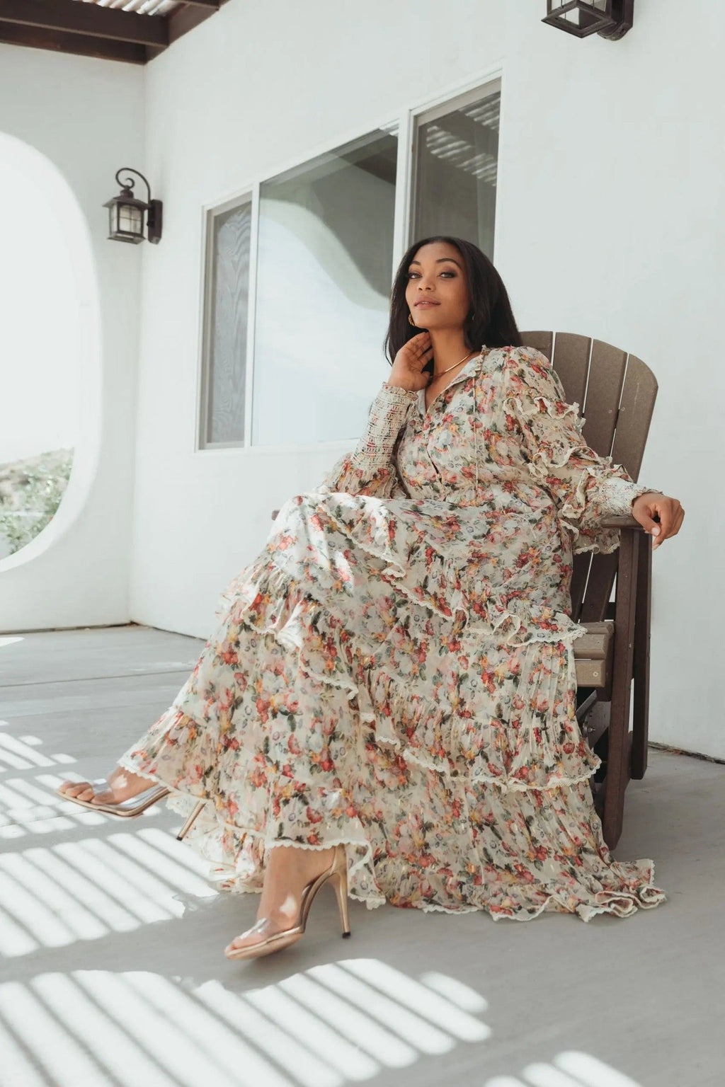 Beige Floral Tiered Ruffle Midi Dress with Long Sleeves