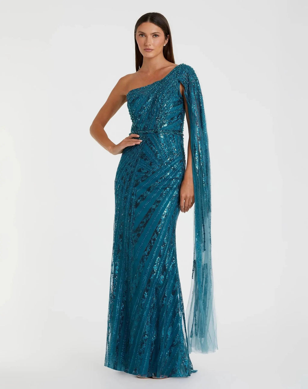 Ocean Blue One Shoulder Cape Sleeve Embellished Gown