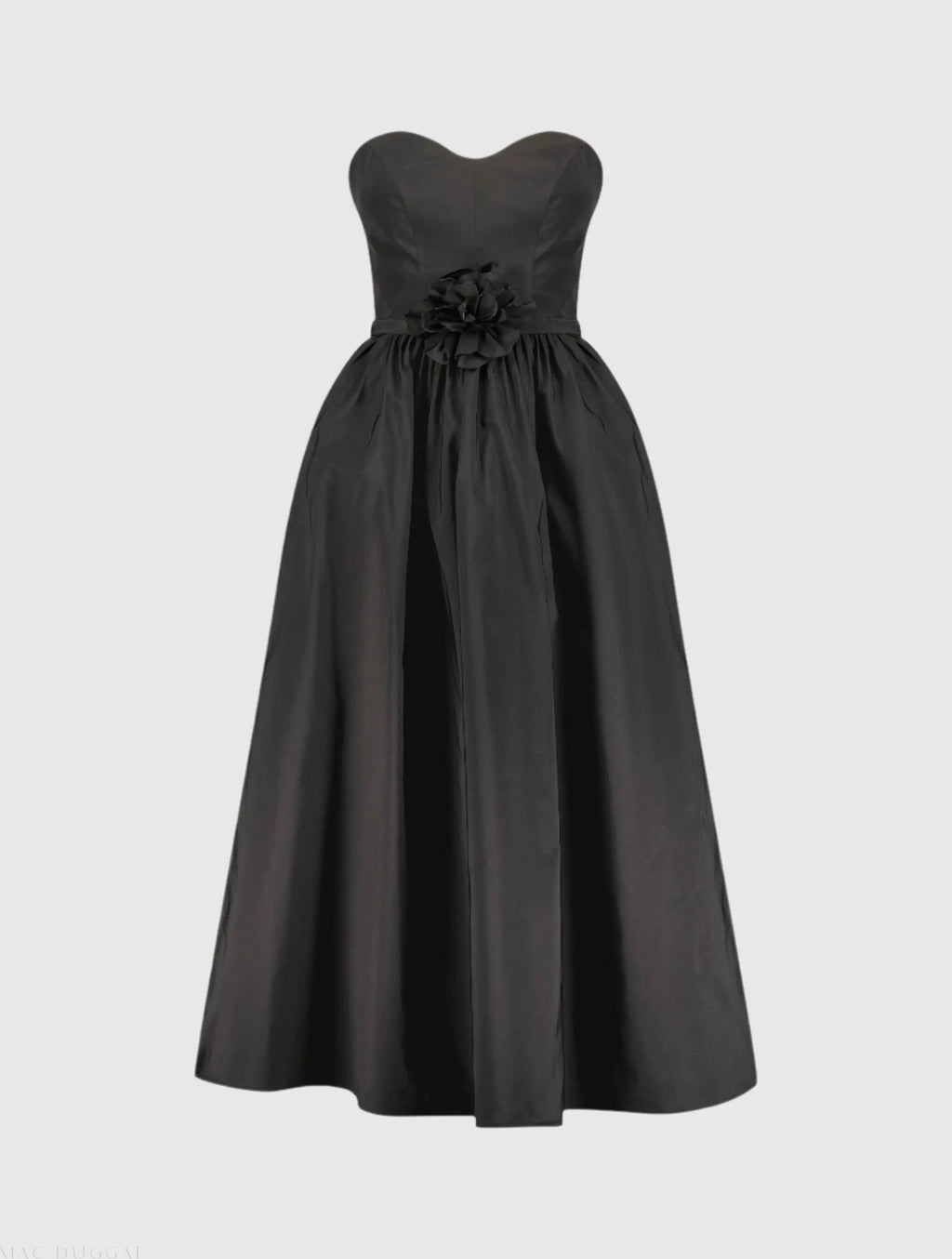 Black Faille Strapless A Line Midi Dress With 3D Rose - FINAL SALE
