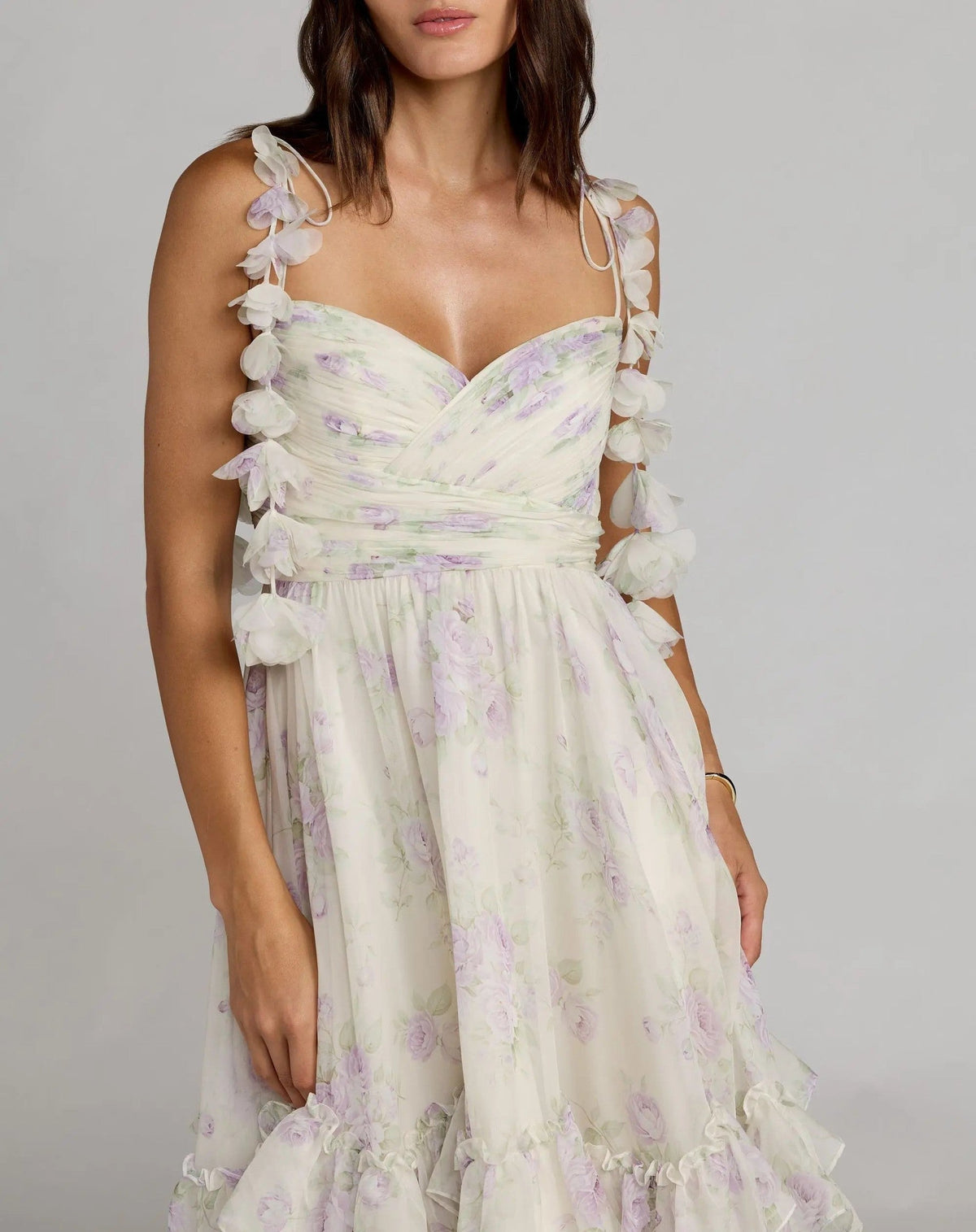 White Floral Chiffon Ruffle Gown With 3D Flower Straps