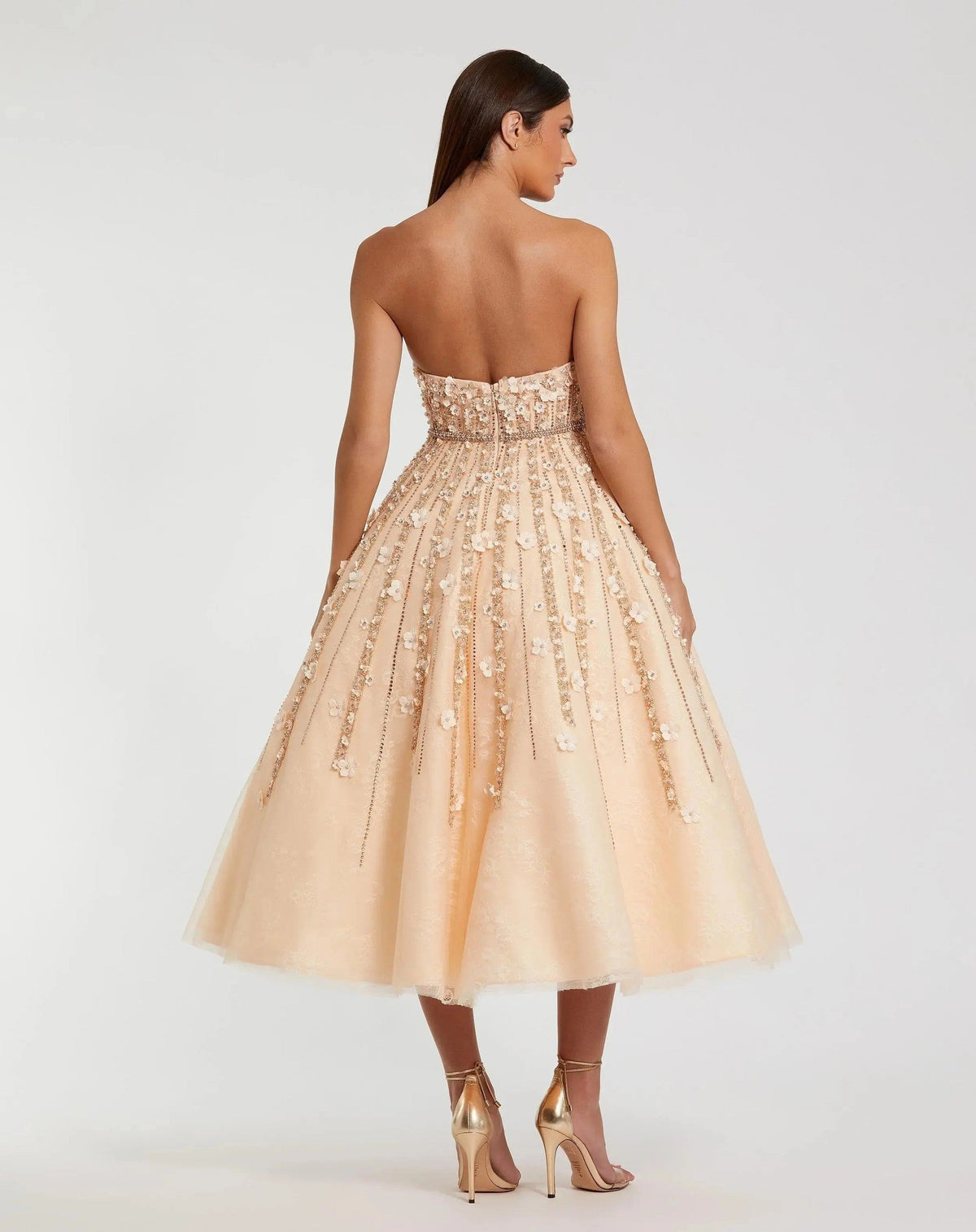 Champagne Strapless Floral Embellished Midi Dress