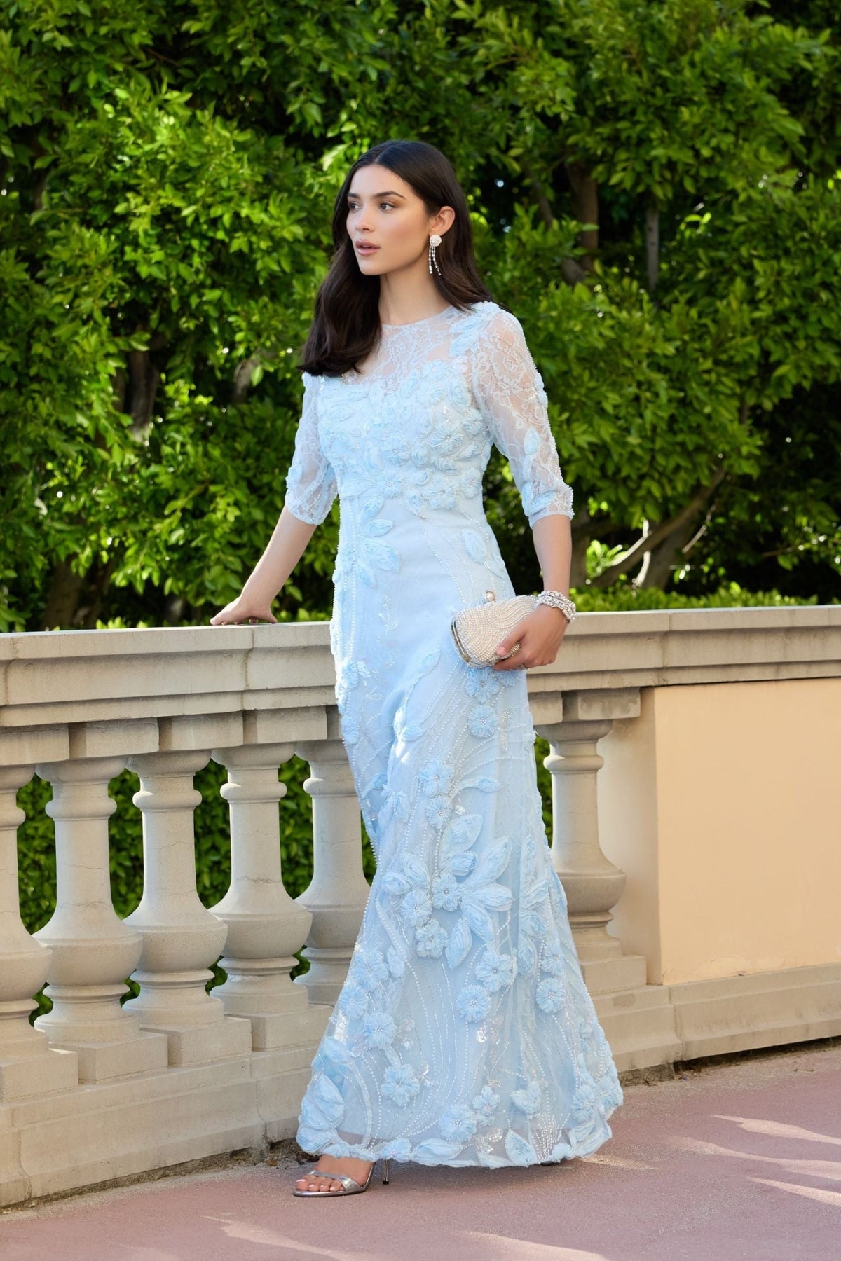 Periwinkle High Neck Embellished Lace Gown With 3/4 Sleeves