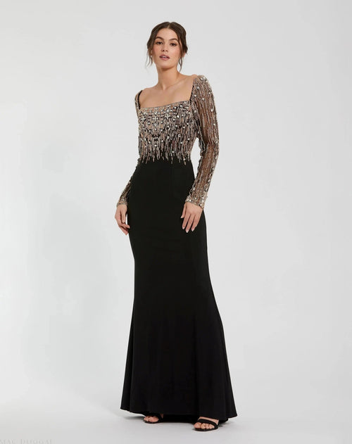 Beaded Square Neck Long Sleeve Jersey Gown