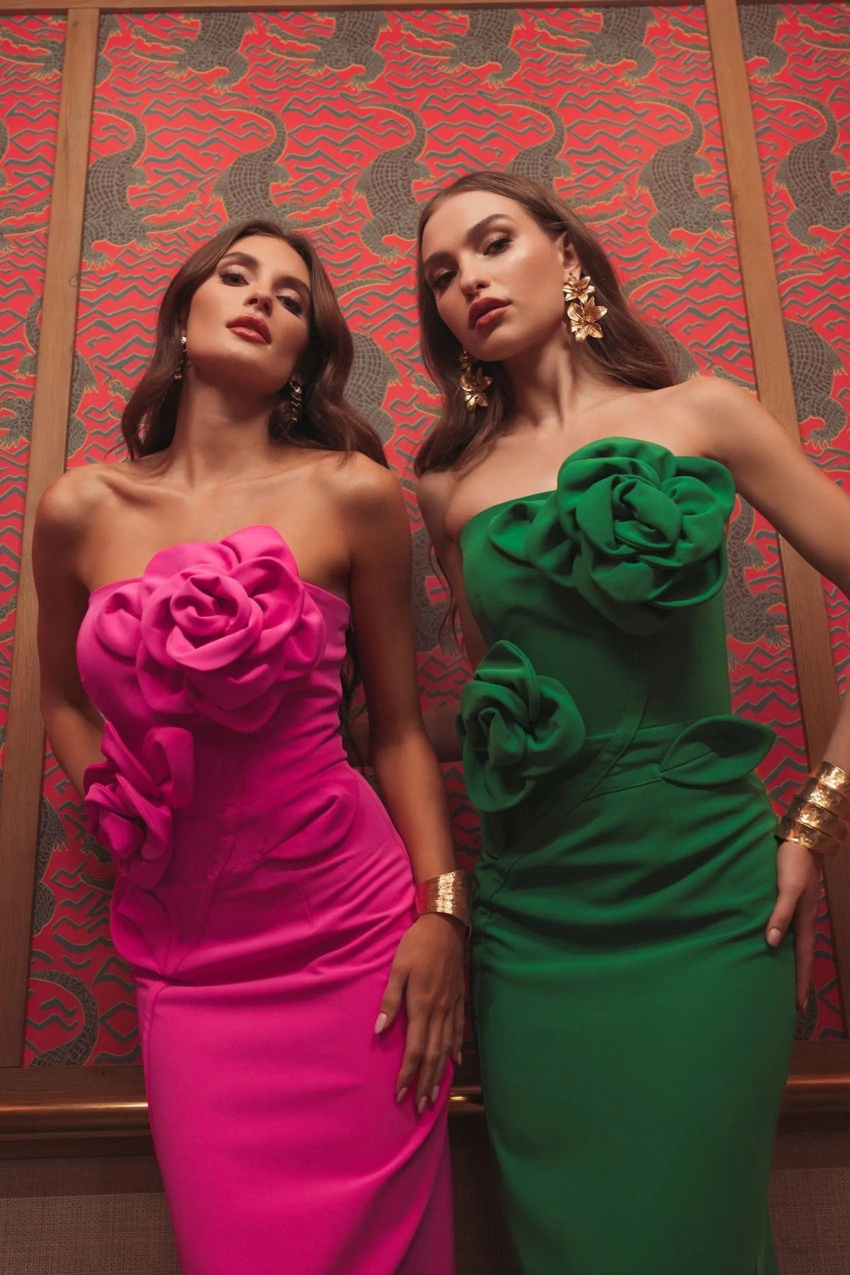 Hot Pink Strapless Crepe Dress With 3D Flower Detail